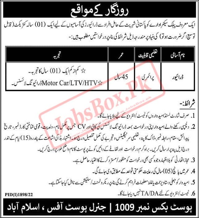 PO Box No 1009 GPO Islamabad Jobs Advertisement 2022