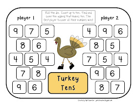 gwhizteacher, thanksgiving math games, math daily 5 stations, 1st grade math games, turkey tens game