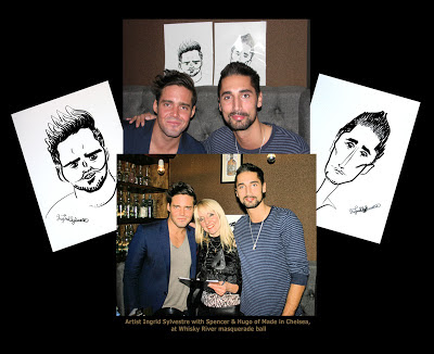 Party entertainment ideas Christmas parties Weddings Corporate events - UK Caricaturist Ingrid Sylvestre with Spencer Matthews & Hugo Taylor