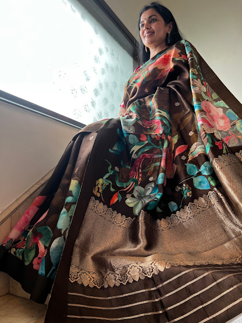 Elegance Redefined: The Coffee Brown French Chiffon Saree with Exquisite Digital Floral Prints