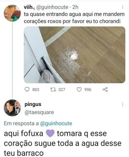 ta quase entrando água aqui me mandem corações roxos por favor eu to chorando tweet twitter