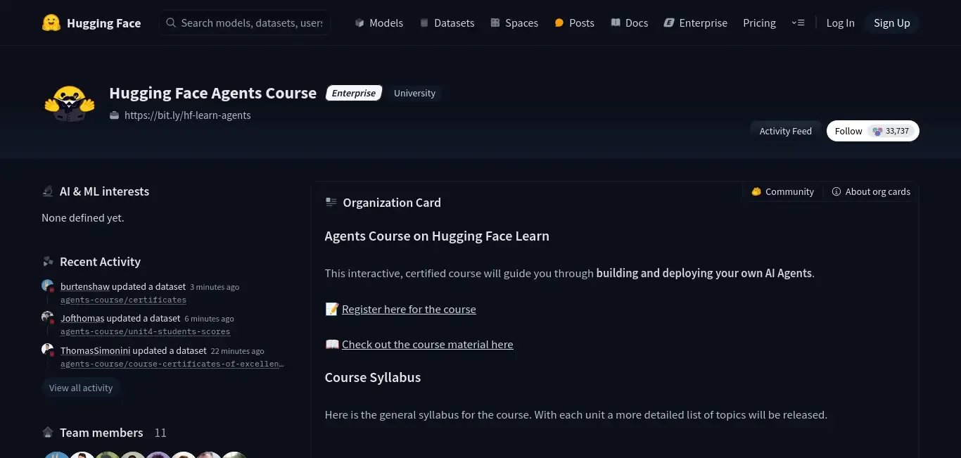 Hugging Face AI Agents course content and syllabus details.