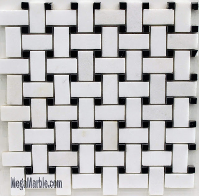 Thassos White Marble Basketweave Mosaic Tile Black Dots 1x2 Polished