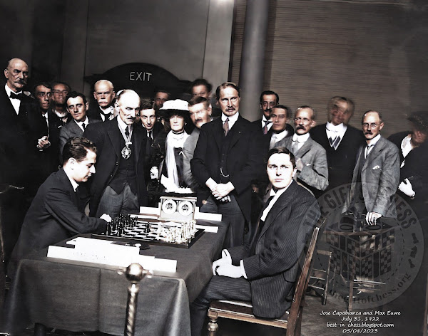 Scottish statesman Andrew Bonar Law and the Mayor of Westminster watching the July 31, 1922 chess match between world champion Jose Capablanca of Cuba and Max Euwe of Holland.