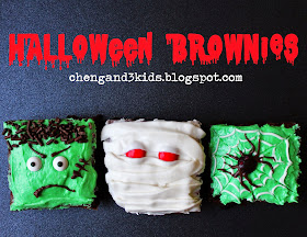Halloween Brownies -- Frankenstein Brownie, Mummy Brownie, and Spider Brownie by chengand3kids.blogspot.com
