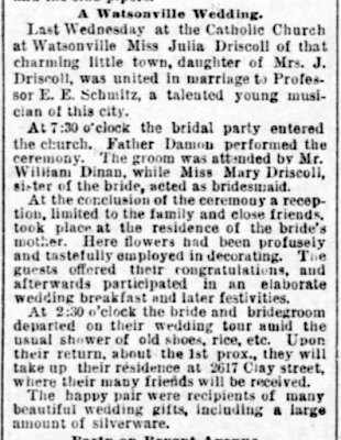 Newspaper article announcing marriage of Eugene Schmitz and Julia Driscoll.