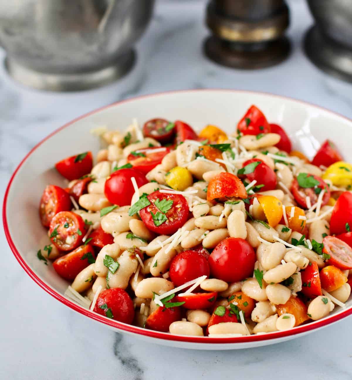 White Bean and Cherry Tomato Salad with Parsley Vinaigrette in a bowl.