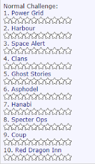 A list of the games I've chosen for my Normal Challenge. Below each title is a row of ten white stars. The titles are: Power Grid, Harbour, Space Alert, Clans, Ghost Stories, Asphodel, Hanabi, Specter Ops, Coup, and Red Dragon Inn.