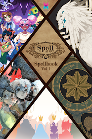 A cover of the Spellbook sectioned into parts representing the campaigns, one with a bird-cat-like creature, others with people and patterns.