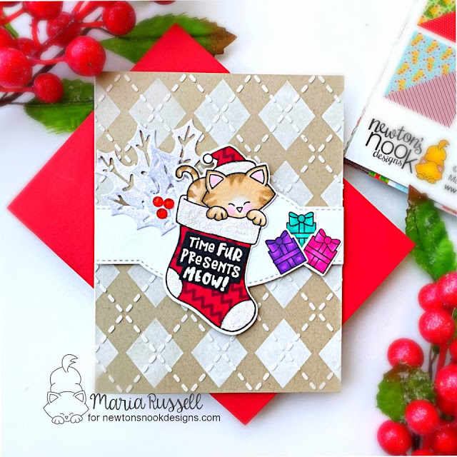 Cat Christmas Card by Maria Russell | Newton's Stocking Stamp Set, Argyle Stencil Set and Pines & Holl Die Set by Newton's Nook Designs #newtonsnook #handmade