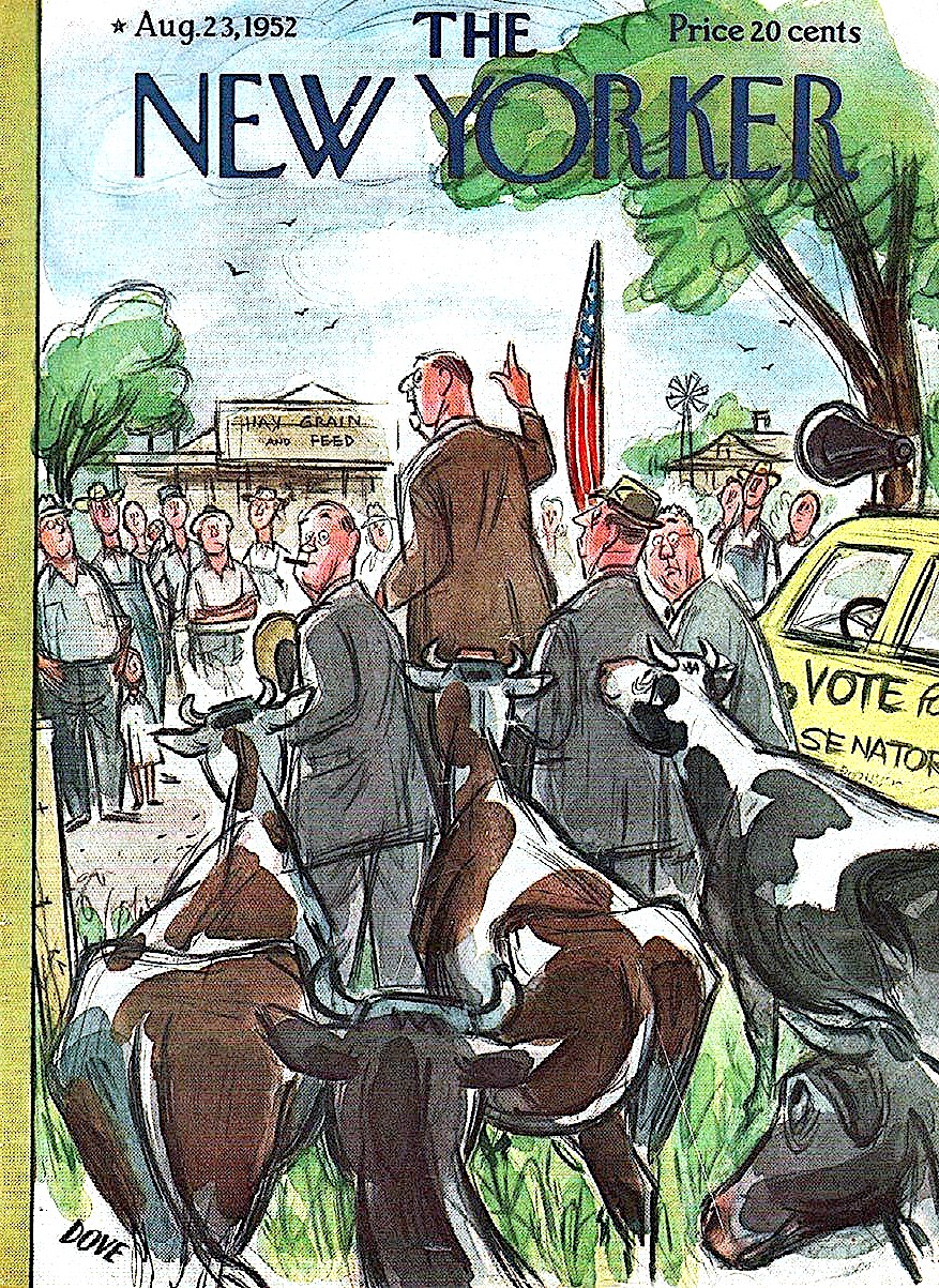 a Leonard Dove 1952 illustration for The new Yorker magazine August 23, cows invading a politcal speech