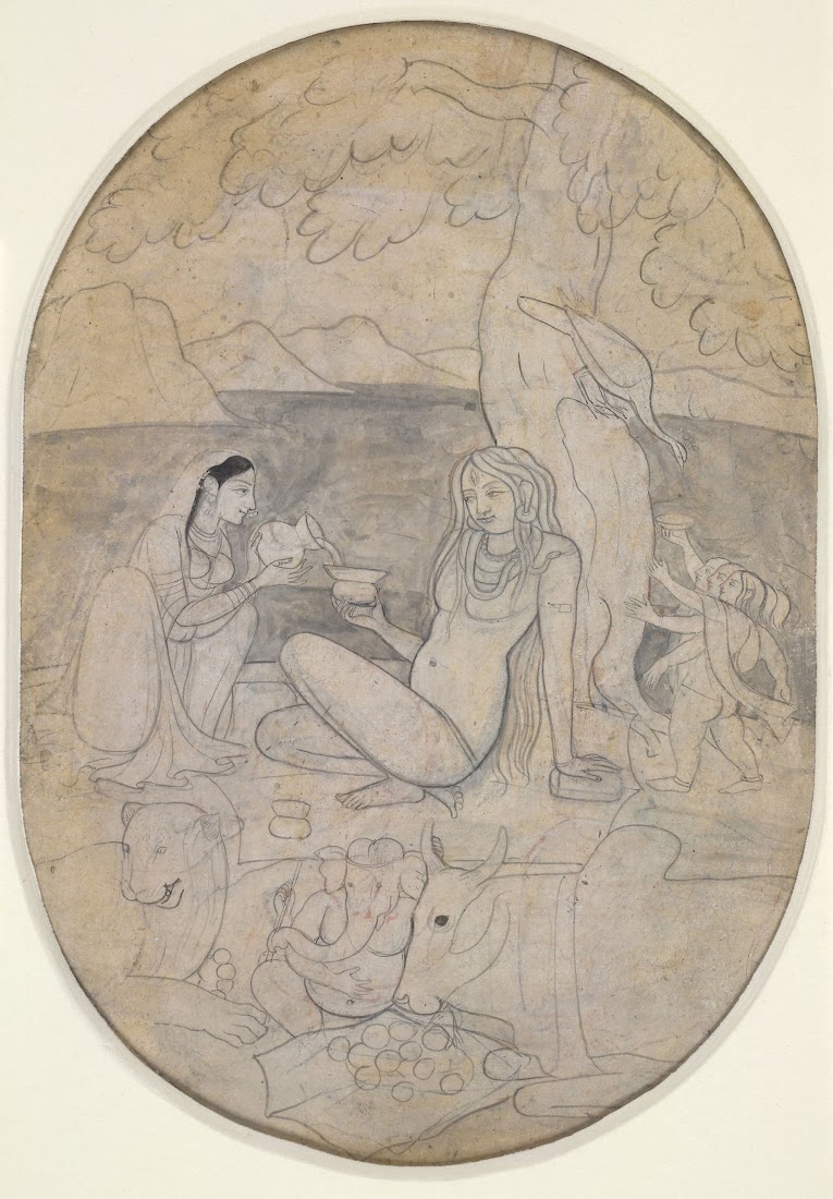 Shiva, Parvati and their children on Mount Kailash - Drawing Late 18th Century