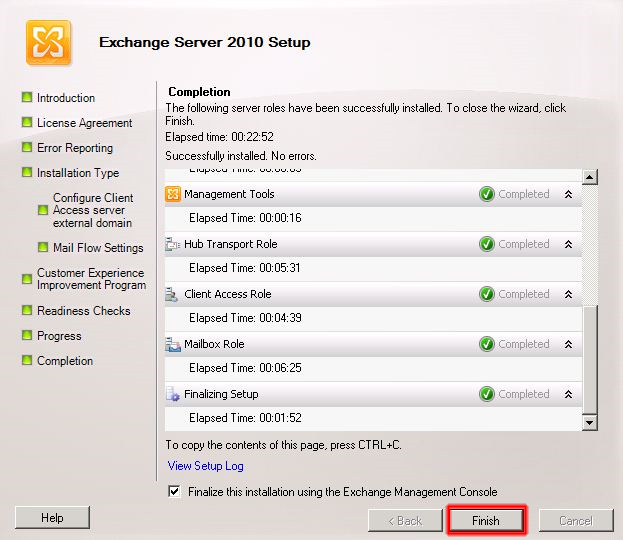 Finalización de la instalación de Microsoft Exchange 2010.