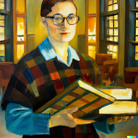 Oil painting of librarian wearing plaid skirt and glasses with books in her arms.