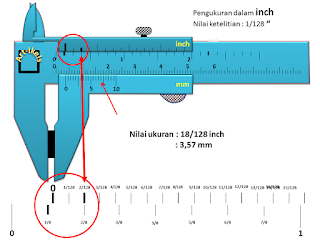 cara membaca ukuran inch 1/128 pada jangka sorong