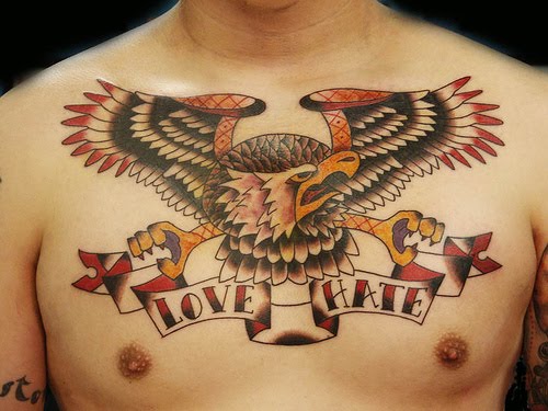 Love and hate with eagle chest tattoo.