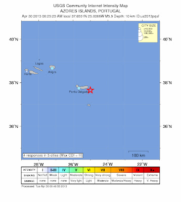 Epicentro sísmo 5,9 grados en islas Azores, 30 de Abril de 2013