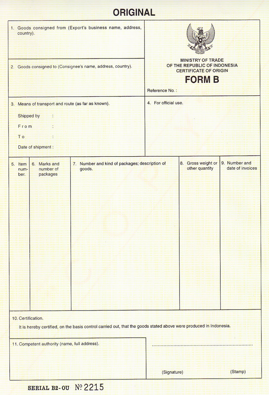 Certificate of origin: CERTIFICATE OF ORIGIN FORM B