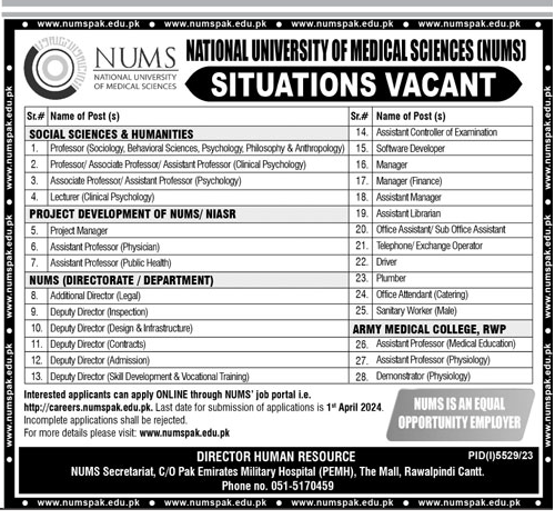 National University of Medical Sciences NUMS Jobs 2024 Latest Advertisement