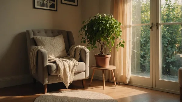 Urban balcony featuring terracotta pots with green plants and a decorative chair with a patterned cushion.