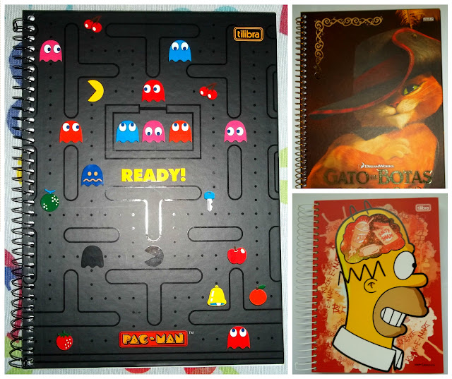 cadernos os simpsons gato de botas pac-man