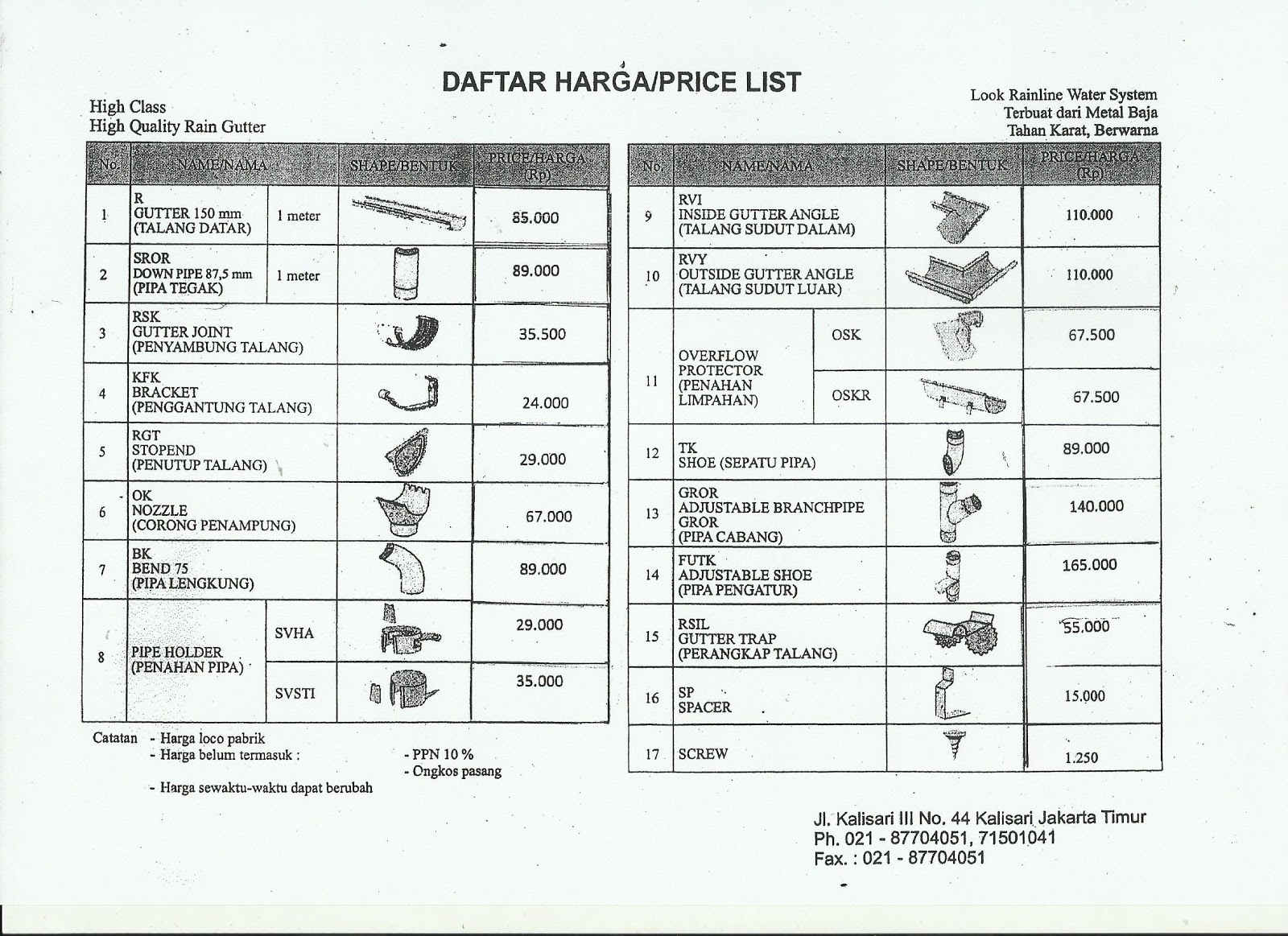 Pricelist Talang Air ukuran standar