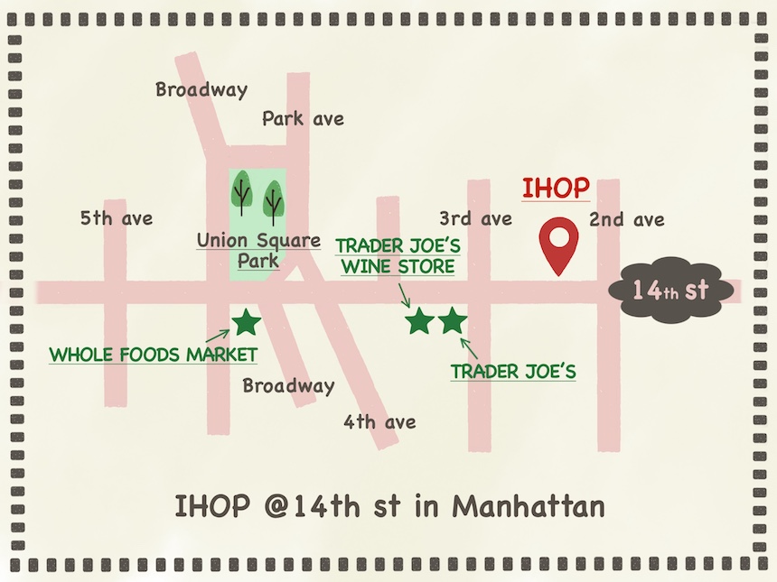 Map of IHOP, Whole Foods Market and Trader Joe's on 14th st in Manhattan