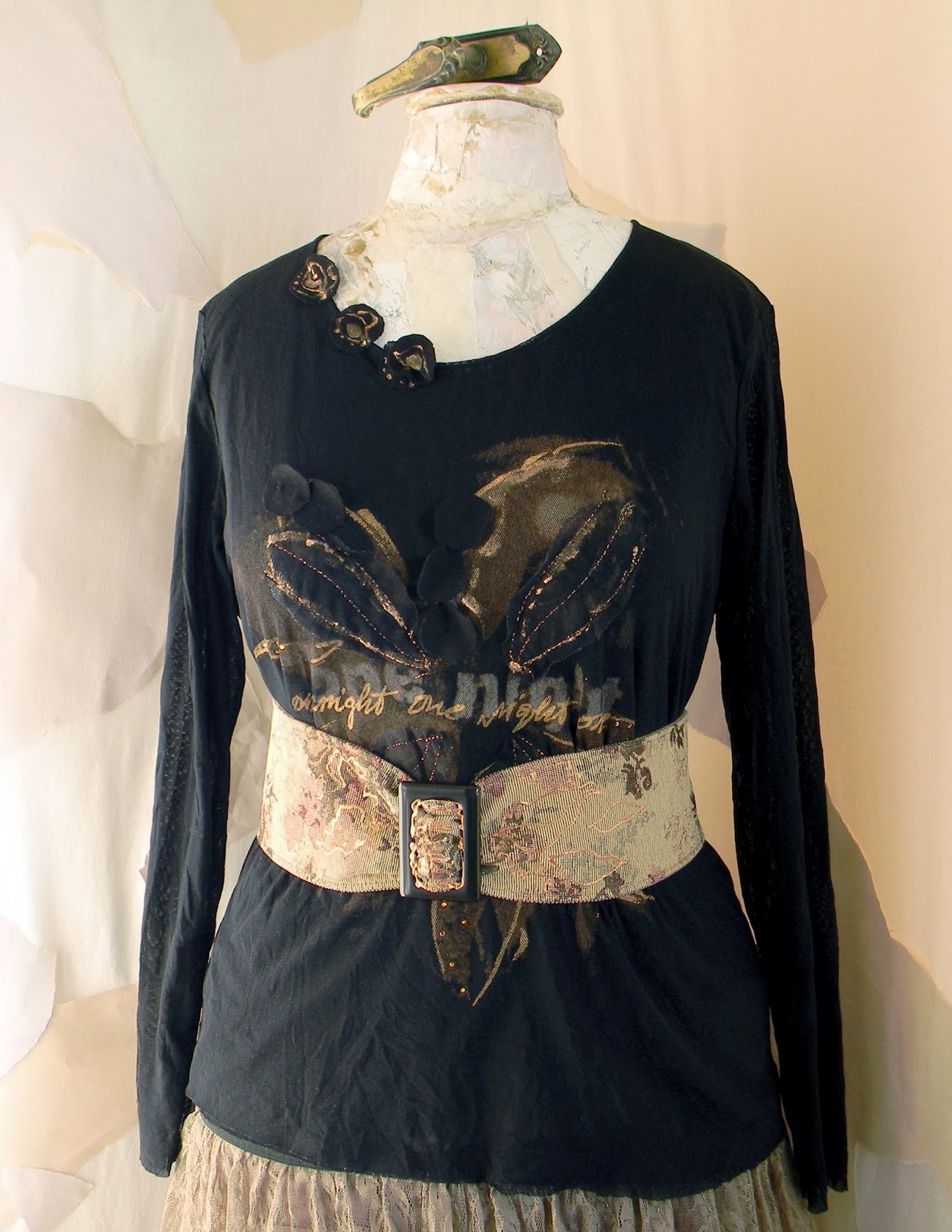 Restyled Altered Fashion Blouse with Vintage Inspired Waist Belt Black Stretch Tulle Blouse