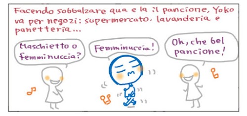 Facendo sobbalzare qua e la il pancione, Yoko va per negozi: supermercato, lavanderia e panetteria... Maschietto o femminuccia? Femminuccia! Oh, che bel pancione!