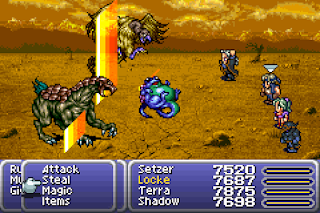 Setzer uses the Prismatic Flash Slots ability in Final Fantasy VI.