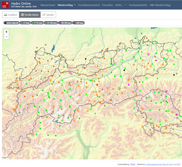 La mappa di Hydro Online mostra la sommatoria di precipitazioni nelle 48 h (il 13.04.2023 - ore 16:00)