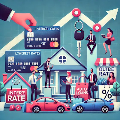 "Illustration showing consumers benefiting from lower borrowing costs, holding credit cards, car keys, and house keys. Symbols of a house for sale, an automobile, and shopping bags represent purchases driven by affordable mortgages, auto loans, and retail spending."