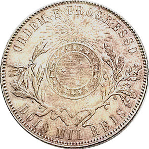 Reverso da moeda de dois mil-réis, 1891. Imagem disponível no catálogo Moedas do Brasil.