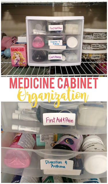 Use drawers, containers and labels to organize your medicine cabinet.