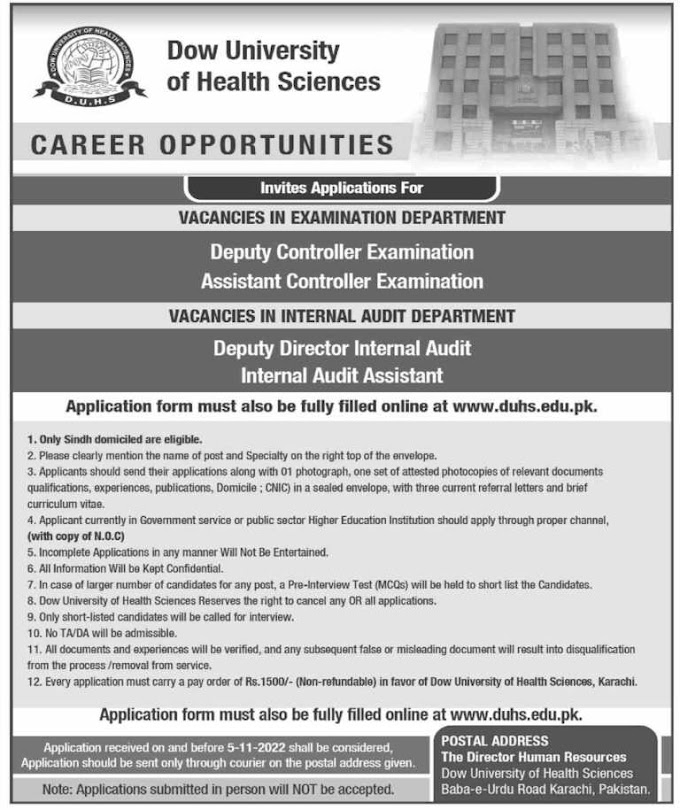 Dow University of Health and Sciences Jobs 2022