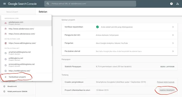 tombol tambahkan dan tombol hapus properti domain