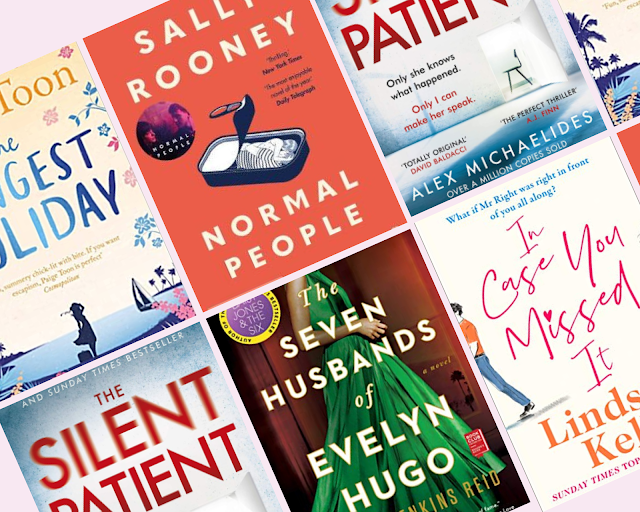 collage - book covers, Normal People, The Longest Holiday, The Silent Patient, The Seven Husbands of Evelyn Hugo, In Case You Missed It