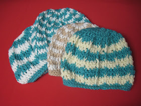 Aunt Ida crocheted hats for OCC shoeboxes.