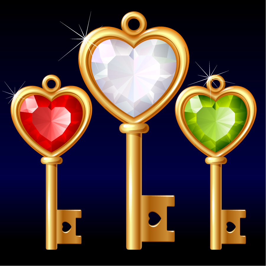 Free Vector がらくた素材庫 金とダイヤのハート型鍵 Gold Diamond Heartshaped Key Vector イラスト素材