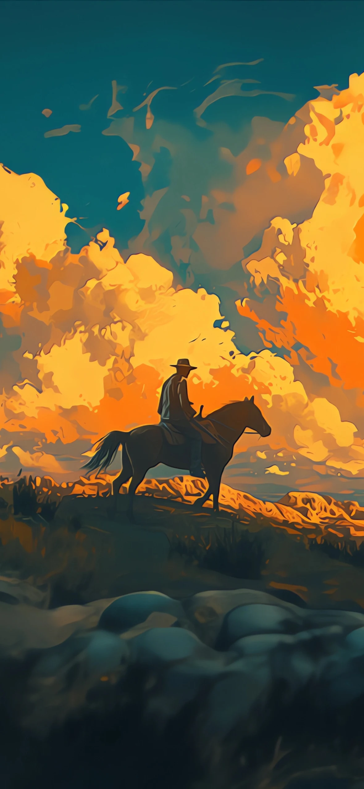 Silhouette of a lone rider on horseback atop a hill against a backdrop of stunning golden clouds at sunset, in a Western-style landscape.