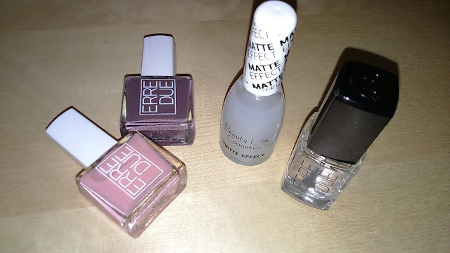 Erre Due Beat Nail Polishes #671 and #669, Gel Like Top Coat and Beauty Line Matte Effect Top Coat