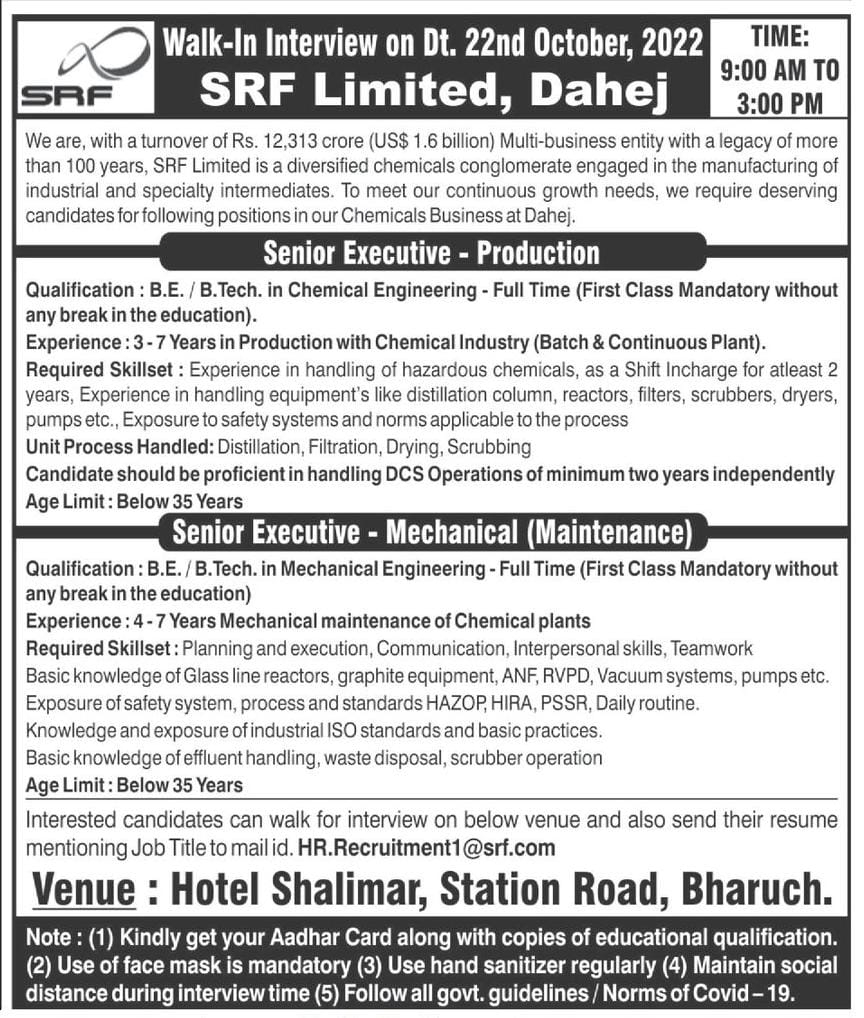 Job Availables for SRF Ltd Walk In Interview For B.E/ B.Tech Chemical/ Mechanical Engineer - Production & Maintenance Department