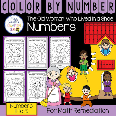 Color By Number For Math Remediation Teen Numbers 11 to 15 Old Woman in a Shoe - If you are looking for a resource for math remediation while still giving your students some confidence while reviewing important math skills, you will love this series. These five Color By Number worksheets focus on TEEN Numbers 11 to 15 with an adorable There Was An Old Woman Who Lived in a Shoe theme. The five pages have only a few color selections and only a few numbers, to help your students focus on the repetitive pattern of the teen numbers 11 to 15. All the while giving your students a fun and exciting review of important math skills at the same time! You will love the no prep, print and go ease of these printables. As always, answer keys are included.