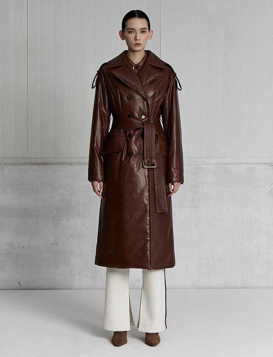 LVIR Belted Faux Leather Padded Coat