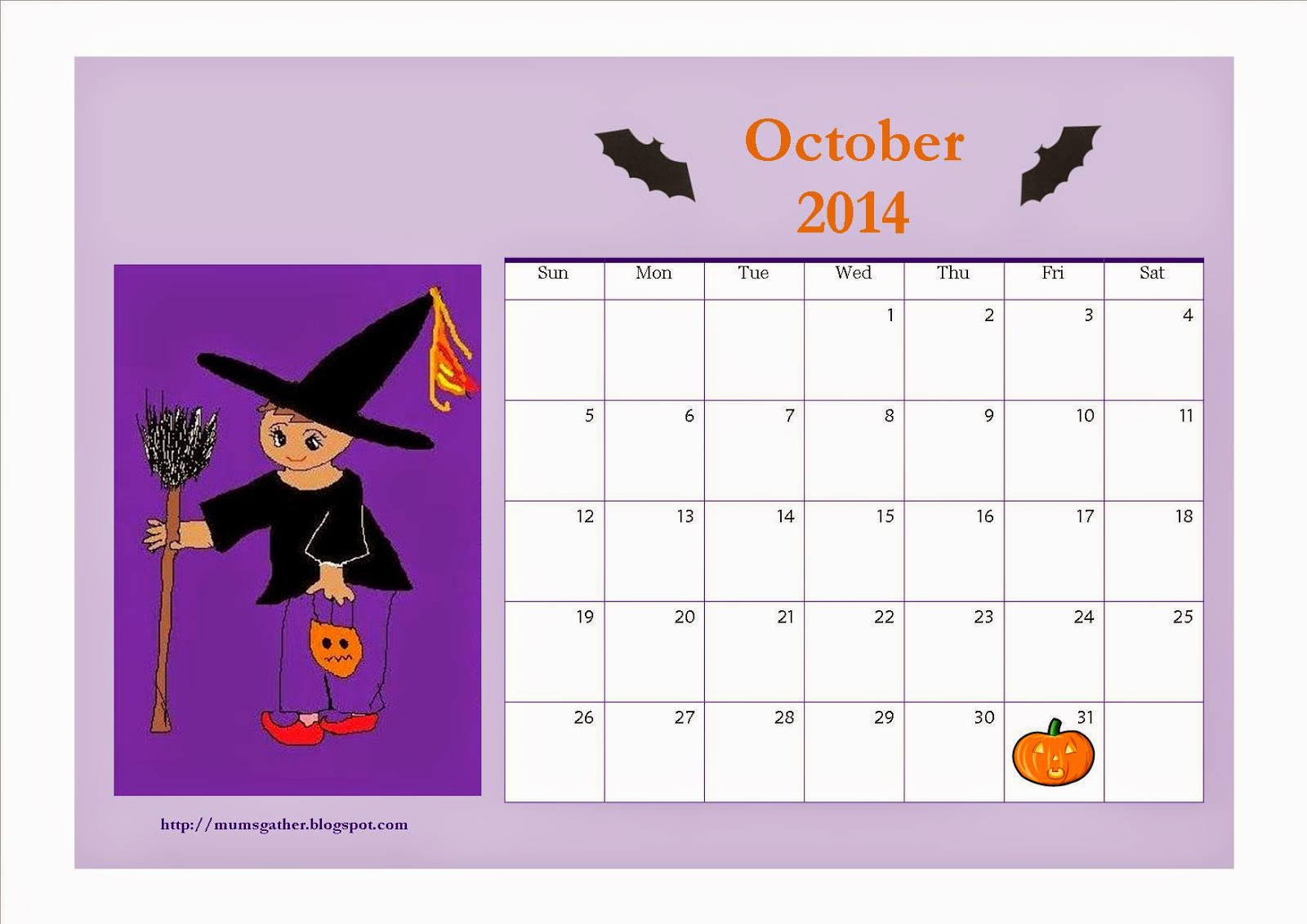 Free October 2014 Printable Calendar For Kids