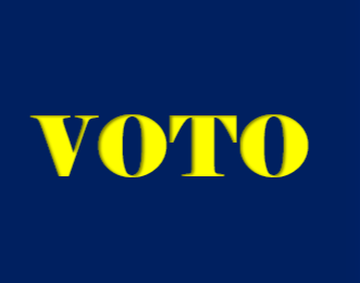 A imagem retangular de fundo azul e letras nas cores amarelo diz: voto.
