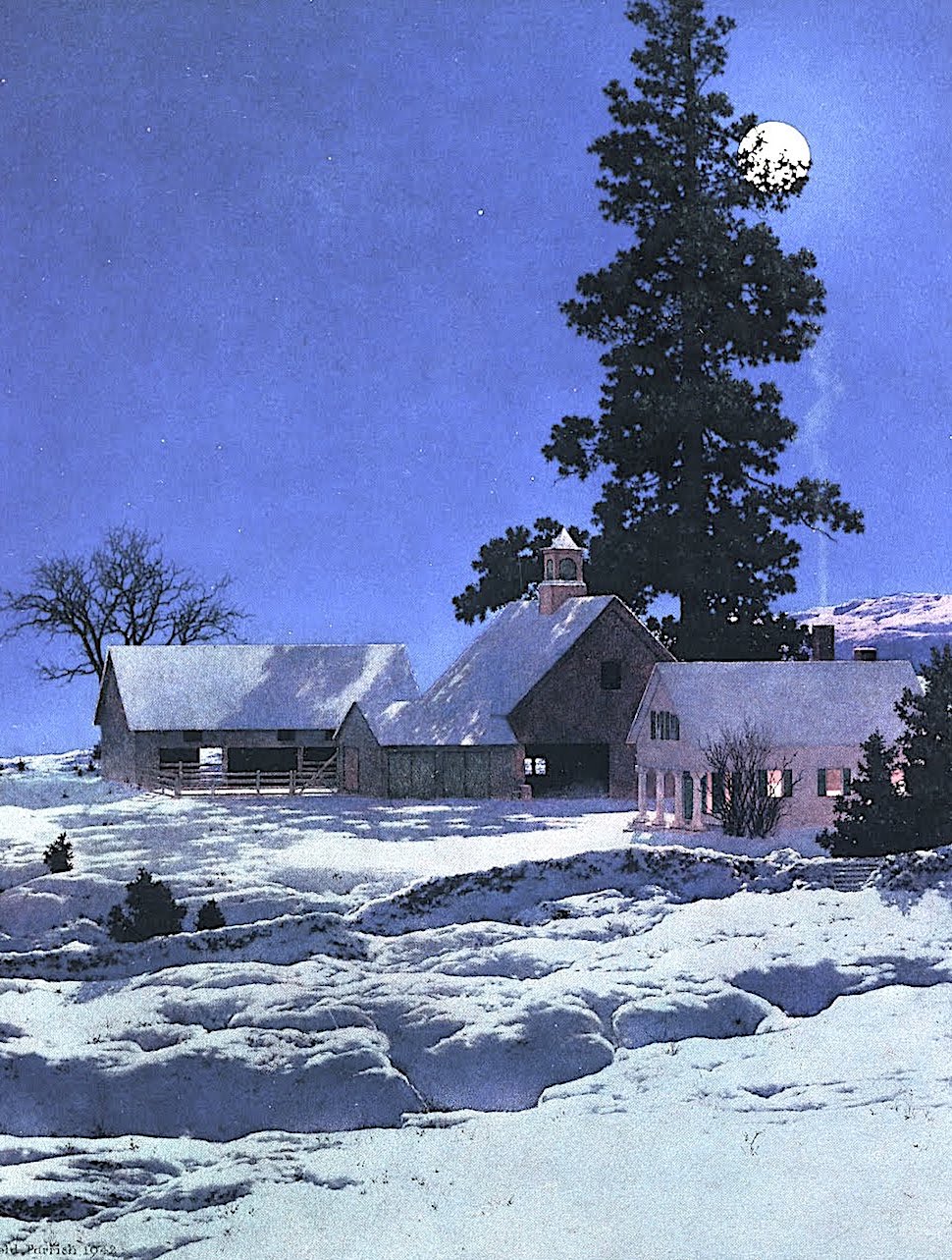 Maxfield Parrish, a farm in winter night with moonlight