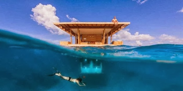 At The Manta Resort in Zanzibar, tourists can sleep in a unique self-contained hotel room that drifts on the sea, three meters down into the Indian Ocean. The giant windows of the underwater hotel room let guests peer outside into the wondrous world of the sea. For those who like to sunbath there is a top deck on the roof of the floating hotel room.