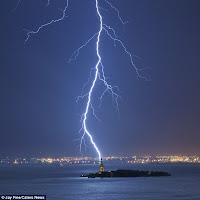 A huge lightning attach strikes Statue of Liberty for a moment