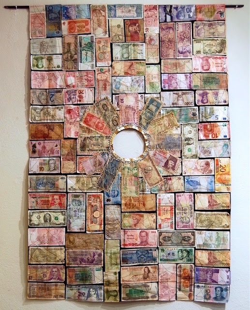 World Bank, paper currencies stitched on cotton, gold and silver metallic thread.